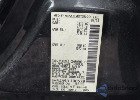 2015 Nissan Altima 2.5 Sl из США, поврежденный, VIN 1N4AL3AP1FC100579